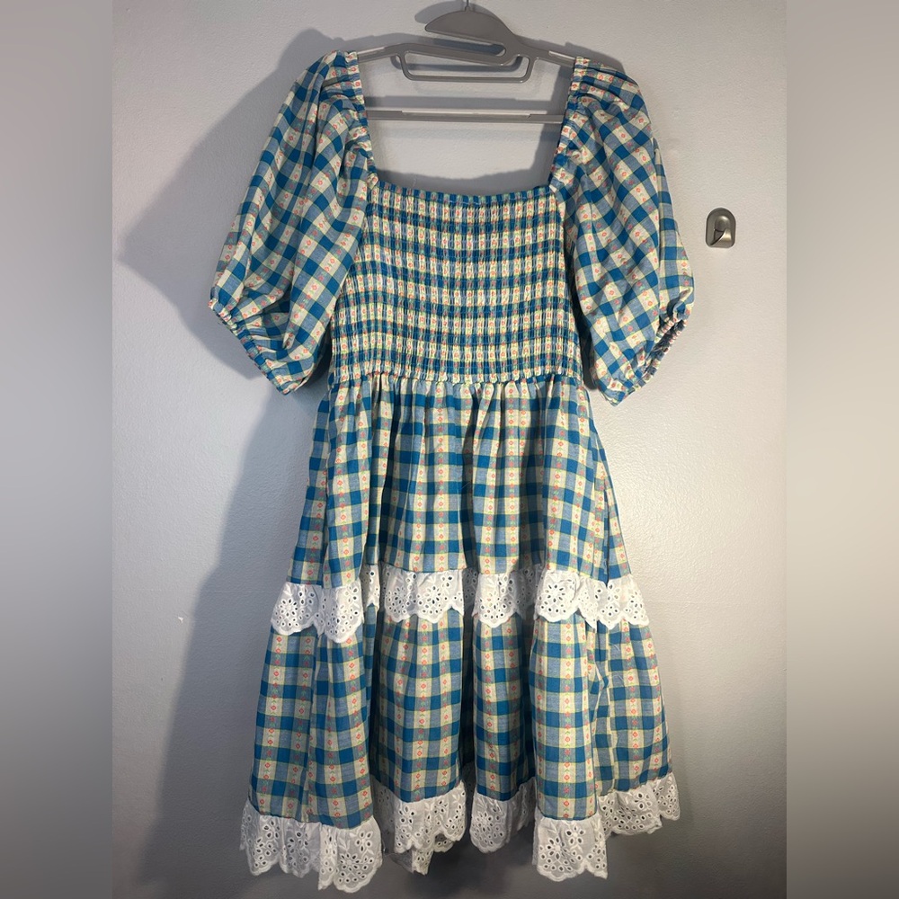 Blue and White Gingham Dress with Lace Trim medium nwt - Picture 5 of 6
